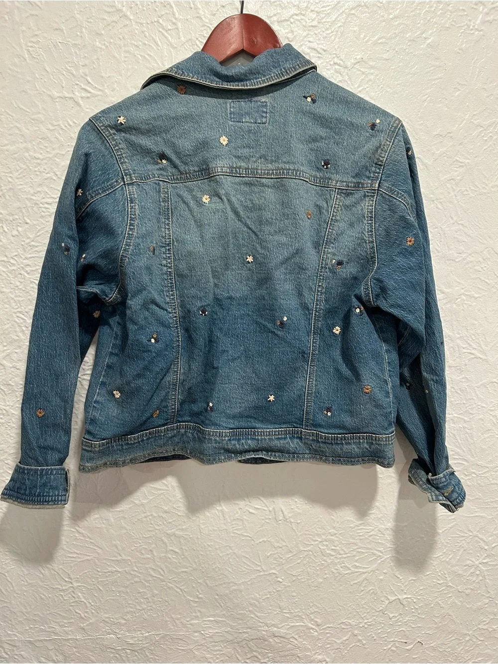 Light Blue Denim Jacket with Floral Embroidery with Subtle Fading